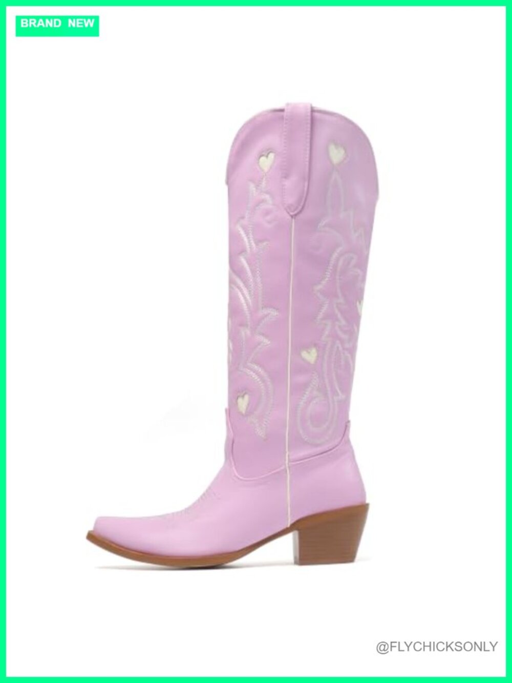 Knee High Cowboy Boots with Heart Embroidery Pointed Toe Chunky Heel
